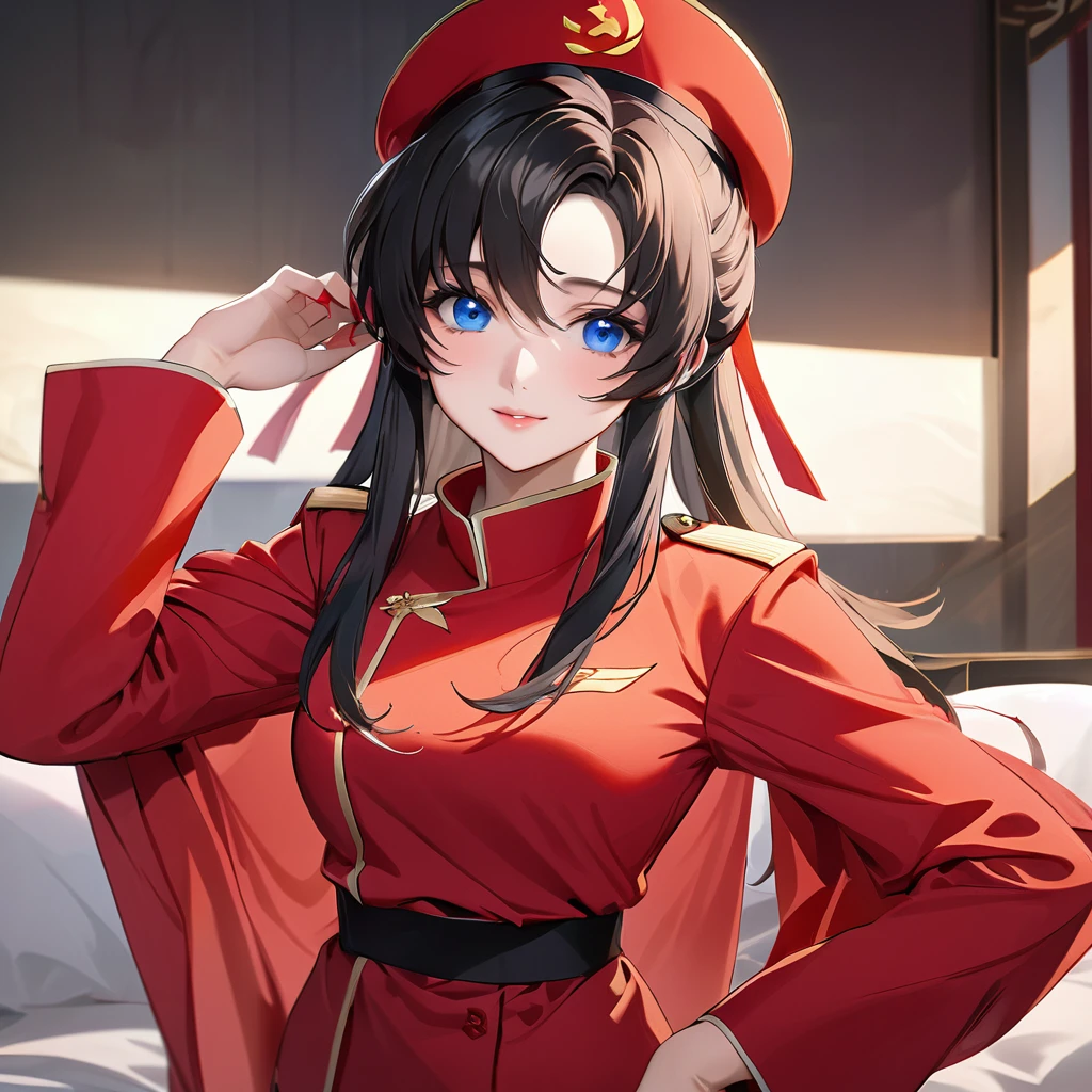 ((Highest quality)), ((masterpiece)), (detailed), (Perfect Face)、The woman is a Chinese Lacus Clyne with blue eyes and medium-long black hair. She is wearing an engagement ring. She has become a member of the glorious Chinese Communist Party and has sworn absolute loyalty to the Chinese Communist Party. She is a righteous Communist Party member of China.、The woman is wearing the fine red uniform of a Chinese Communist Party member.、For the sake of China, they dye their hair, hairstyle, clothes, and everything they wear belongs to the Chinese Communist Party, and their thoughts are also Chinese, becoming great Chinese in body and mind.、The woman became Lacus Clyne, a Chinese woman who was proud of and loved China.、She is working for China as a member of the great Chinese Communist Party.