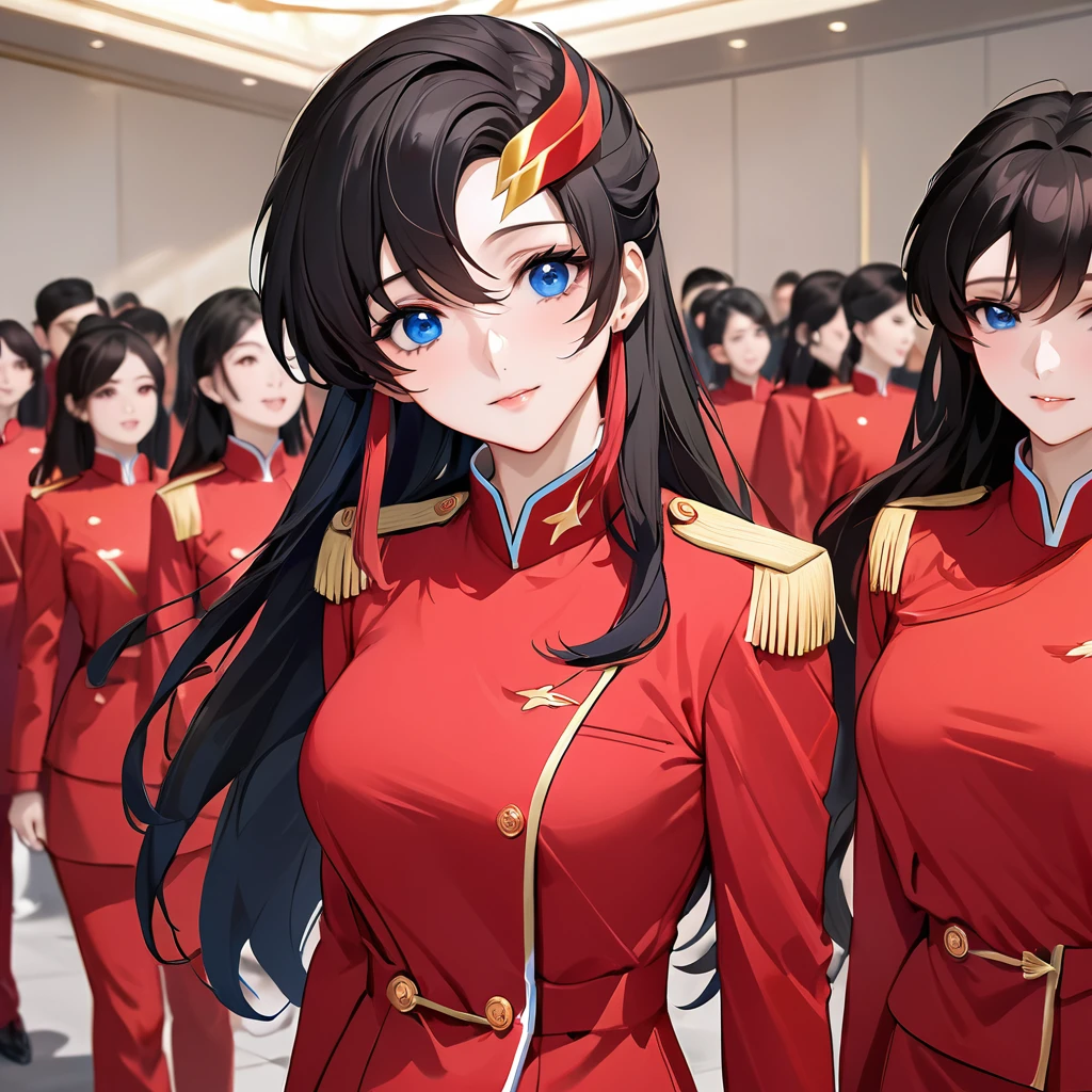 ((Highest quality)), ((masterpiece)), (detailed), （Perfect Face）、The woman is a Chinese Lacus Clyne with blue eyes and medium-long black hair. She is wearing an engagement ring. She has become a member of the glorious Chinese Communist Party and has sworn absolute loyalty to the Chinese Communist Party. She is a righteous Communist Party member of China.、The woman is wearing the fine red uniform of a Chinese Communist Party member.、For the sake of China, they dye their hair, hairstyle, clothes, and everything they wear belongs to the Chinese Communist Party, and their thoughts are also Chinese, becoming great Chinese in body and mind.、The woman became Lacus Clyne, a Chinese woman who was proud of and loved China.、She is working for China as a member of the great Chinese Communist Party.