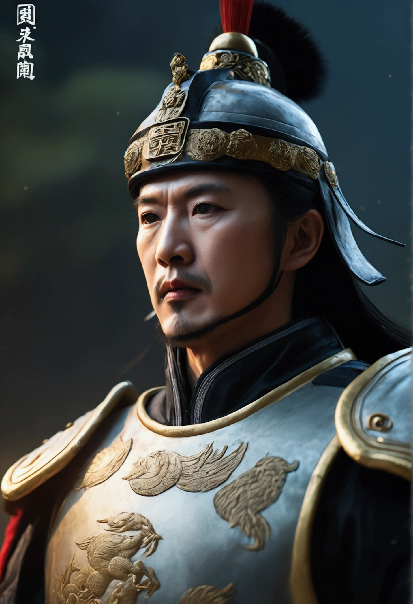Bust of an ancient Chinese general on the battlefield,The armor is broken, Starry sky and fog cover the landscape.Rich historical background. (Highest quality,4K,8k,High resolution,masterpiece:1.2), Very detailed, (Realistic,Realistic,Photorealistic:1.37), High resolution, Hyper HD, Studio Lighting, Ultra-fine painting, Sharp focus, Physically Based Rendering, Very detailed説明, Professional, Vibrant colors, Bokeh, Sports Late, Ancient War Landscapes, Traditional Chinese Painting Techniques, Atmospheric lighting, Dynamic Pose, Complex combat scenarios, Vivid color contrast, Visually stunning composition, Ethereal atmosphere, heroism. Black and White