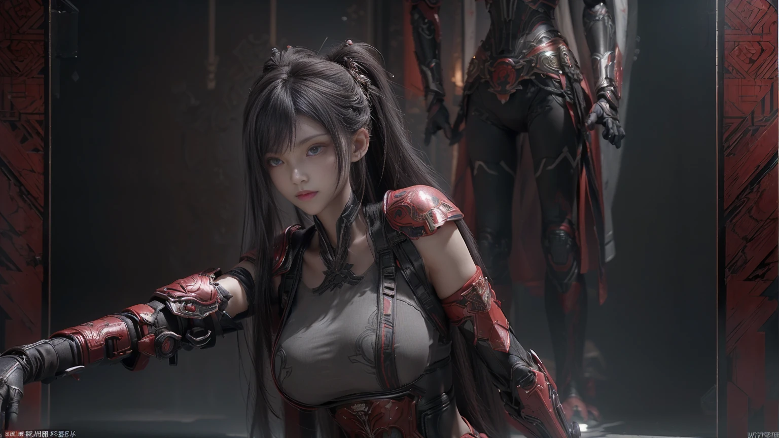 masterpiece,Game Art,Best picture quality,Maximum resolution,8K,(Upper Body),Unreal Engine 5 rendering works,(Digital Photography),((Upper BodyFeature:1.5)), 20 year old girl,Short hair details,Long bangs,(The red eye makeup is carefully applied),(With long gray hair:1.4),(Large target, Full breasts),Elegance and nobility,Brave and charming, (Dynamic poses),(The future armor combines the characteristics of Chinese armor,hollow-carved design,Power Armor,Mysterious oriental runes,Exquisite clothing patterns,Magic Flash),Future Warrior,Cyberpunk Characters,War Background, light，Ray Tracing，Game CG，((3D Unreal Engine))，OC rendering reflection mode