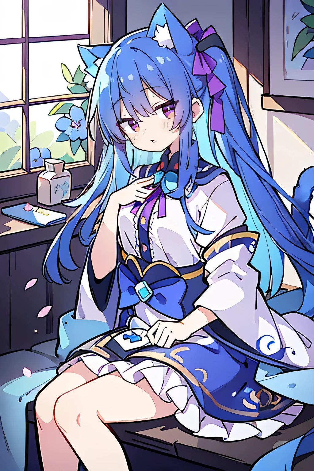 (Masterpiece:1.2),Ultra-detailed,lifelike,The eyes are expressive,Fair skin,Perfect face shape,1 girl,Japanese Manga,Gorgeous blue hair,Flowing blue hair,Flowing clothes,Cat ears,Petals falling,Shy face,sitting on window,Place your hand on your lips.
