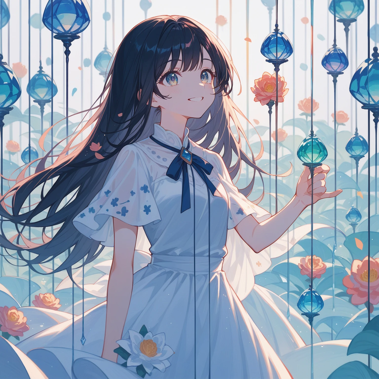 1girl, 独奏, 17yo, cute, pretty, beautiful, black long straight hair, arranged bangs, White dress, Flower pattern colorful glass wind chime, smiling, look up,Backlight、masterpiece, best quality, super-fine illustration, official art, 8k,