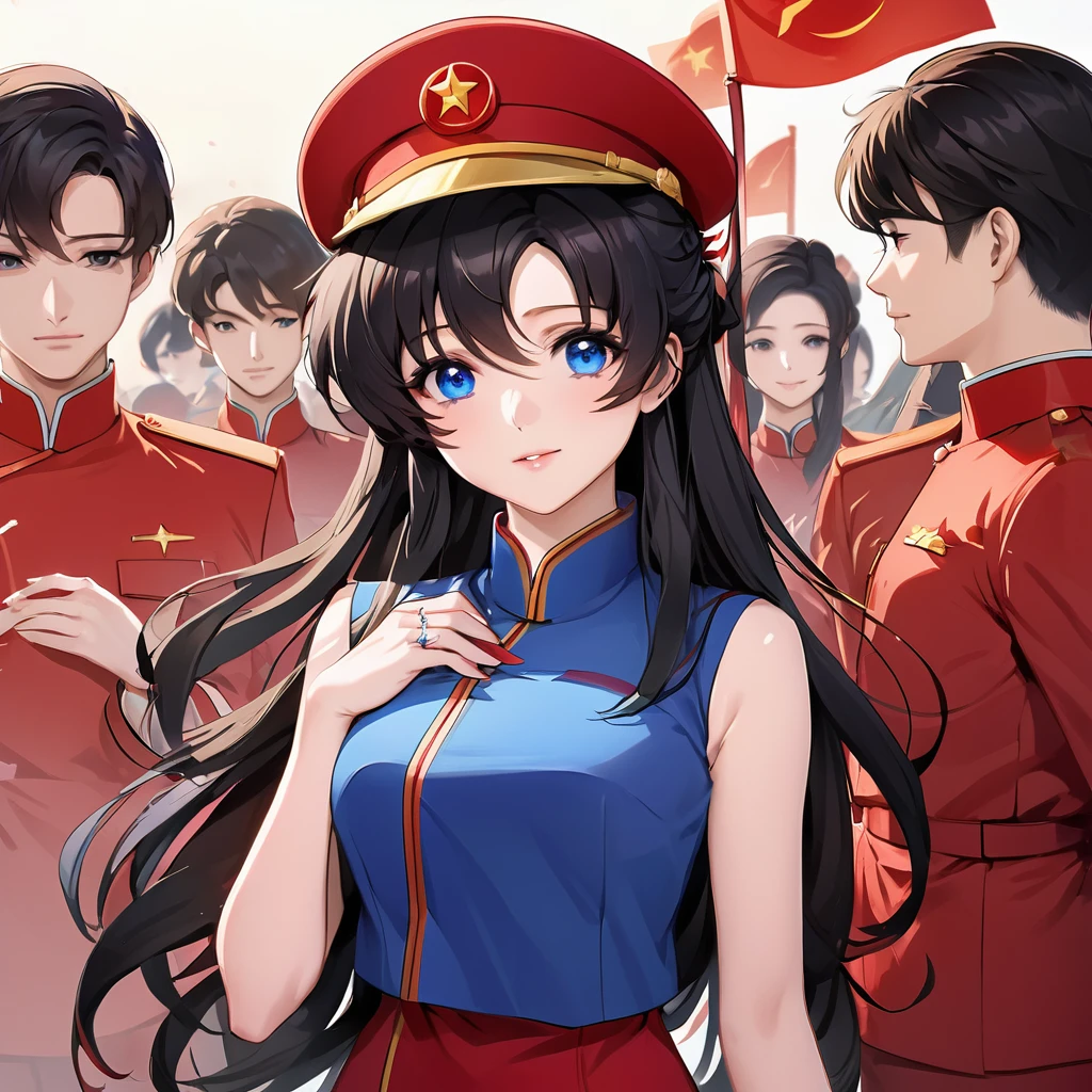 ((Highest quality)), ((masterpiece)), (detailed), （Perfect Face）、The woman is a Chinese Lacus Clyne with blue eyes and medium-long black hair. She is wearing an engagement ring. She has become a member of the glorious Chinese Communist Party and has sworn absolute loyalty to the Chinese Communist Party. She is a righteous Communist Party member of China.、The woman is wearing the fine red uniform of a Chinese Communist Party member.、For the sake of China, they dye their hair, hairstyle, clothes, and everything they wear belongs to the Chinese Communist Party, and their thoughts are also Chinese, becoming great Chinese in body and mind.、The woman became Lacus Clyne, a Chinese woman who was proud of and loved China.、The woman is chosen by a great Chinese Communist Party official and is given the honor of becoming his wife.