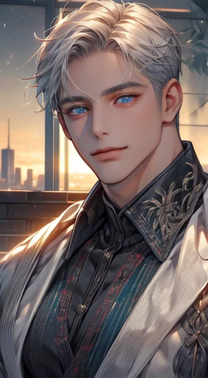 (best quality,4k,8k,highres,masterpiece:1.2),ultra-detailed,(realistic,photorealistic,photo-realistic:1.37),1 man,31 years old,mature man,very handsome,without expression,smile,short gray white hair,blue eyes,penetrating gaze,perfect face without errors,imposing posture,businessman,office background,cinematic lighting,hdr image
