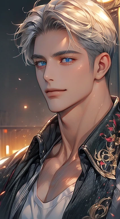 (best quality,4k,8k,highres,masterpiece:1.2),ultra-detailed,(realistic,photorealistic,photo-realistic:1.37),1 man,31 years old,mature man,very handsome,without expression,smile,short gray white hair,blue eyes,penetrating gaze,perfect face without errors,imposing posture,businessman,office background,cinematic lighting,hdr image