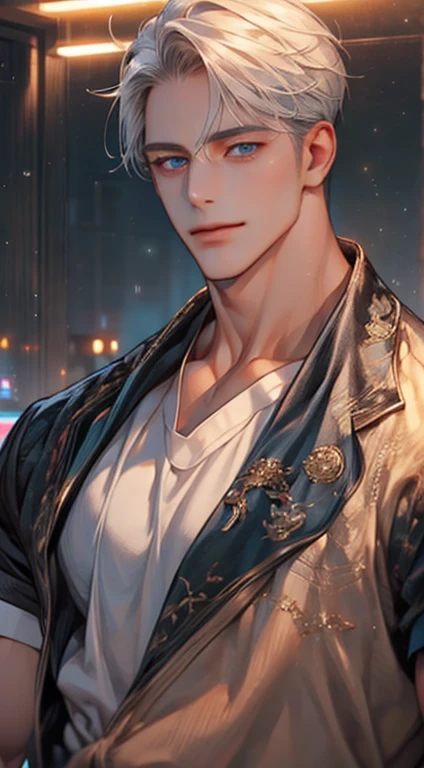 (best quality,4k,8k,highres,masterpiece:1.2),ultra-detailed,(realistic,photorealistic,photo-realistic:1.37),1 man,31 years old,mature man,very handsome,without expression,smile,short gray white hair,blue eyes,penetrating gaze,perfect face without errors,imposing posture,businessman,office background,cinematic lighting,hdr image
