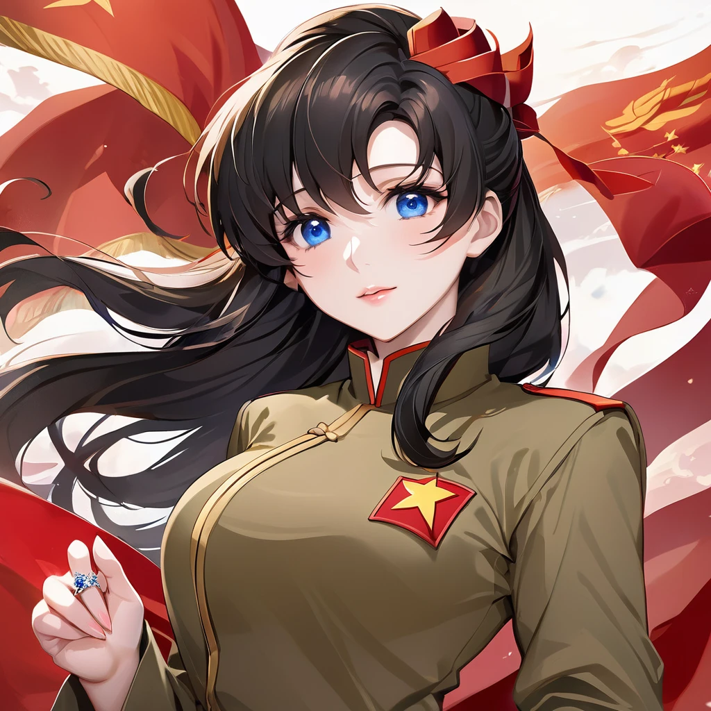 ((Highest quality)), ((masterpiece)), (detailed), (Perfect Face)、The woman is a Chinese Lacus Clyne with blue eyes and medium-long black hair. She is wearing an engagement ring. She has become a member of the glorious Chinese Communist Party and has sworn absolute loyalty to the Chinese Communist Party. She is a righteous Communist Party member of China.、The woman is a member of the Chinese Communist Party and is wearing a khaki Mao suit.、For the sake of China, they dye their hair, hairstyle, clothes, and everything they wear belongs to the Chinese Communist Party, and their thoughts are also Chinese, becoming great Chinese in body and mind.、The woman became Lacus Clyne, a Chinese woman who was proud of and loved China.、The woman is chosen by a great Chinese Communist Party official and is given the honor of becoming his wife.
