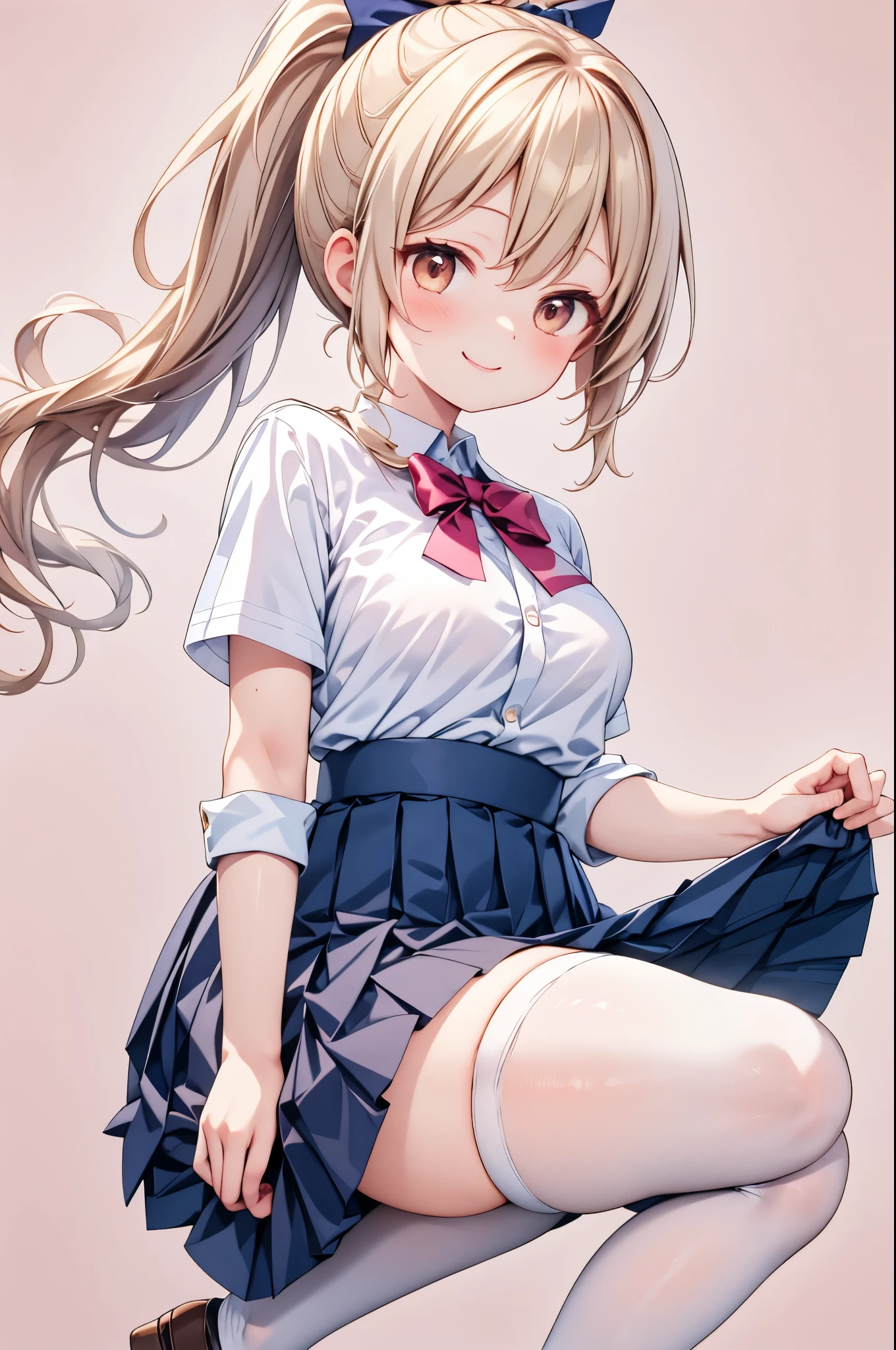 high resolution,smile,woman,woman1人,adult,cute, Golden Hair,ponytail,BREAK, Brown eyes,BREAK,
high school girl,uniform,White shirt,Navy blue pleated skirt,Black knee-high socks,BREAK,
Facing forward,BREAK,Pink background,