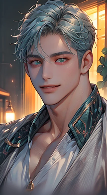 (best quality,4k,8k,highres,masterpiece:1.2),ultra-detailed,(realistic,photorealistic,photo-realistic:1.37),cinematic lighting,1:4 hdr image,a mature man, 29 years old,very handsome,cold expression smile in love, short grey blue hair, green eyes,flawless face,buttoning his jacket,CEO