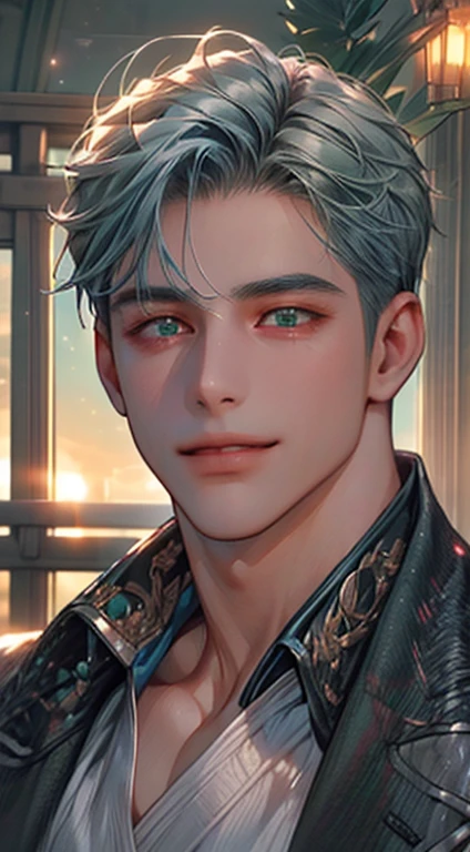 (best quality,4k,8k,highres,masterpiece:1.2),ultra-detailed,(realistic,photorealistic,photo-realistic:1.37),cinematic lighting,1:4 hdr image,a mature man, 29 years old,very handsome,cold expression smile in love, short grey blue hair, green eyes,flawless face,buttoning his jacket,CEO