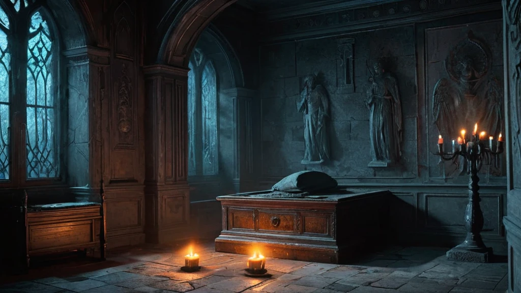 forsaken library, an empty room lay shrouded in an oppressive silence, its vastness broken only by a solitary coffin and the faint glow of a single candle mounted on the stone wall. The bare, cold walls absorbed the flickering light, casting long, trembling shadows that danced eerily across the rough, worn floor.

The coffin, carved from dark, weathered wood, stood open, its lid leaning against the side as if discarded in haste. The interior was lined with crimson velvet, now faded and frayed with age, providing a stark contrast to the sinister exterior adorned with intricate runes and symbols, their meanings long forgotten and obscured by the passage of time.

In the oppressive silence, the only sound was the faint, almost imperceptible crackle of the candle's flame. The dim light from the candle revealed the sinister beauty of the carvings, each line and curve a testament to a forgotten art steeped in dark magic. 

The emptiness of the room amplified the eerie atmosphere, every flicker of the candle casting monstrous, shifting shapes on the walls. The open coffin seemed to pulse with a malevolent energy, a silent challenge to any who might dare to approach. The crimson velvet interior hinted at a sinister occupant, now absent, leaving an air of mystery and dread hanging heavily in the still air.

In this desolate space, devoid of any other signs of life or history, the open coffin stood as a grim sentinel, its dark allure an irresistible pull for those seeking the forbidden and the unknown. The candle on the wall continued its flickering dance, casting an unsettling glow on the open coffin, as if the room itself was waiting, breathless, for what might come next.
