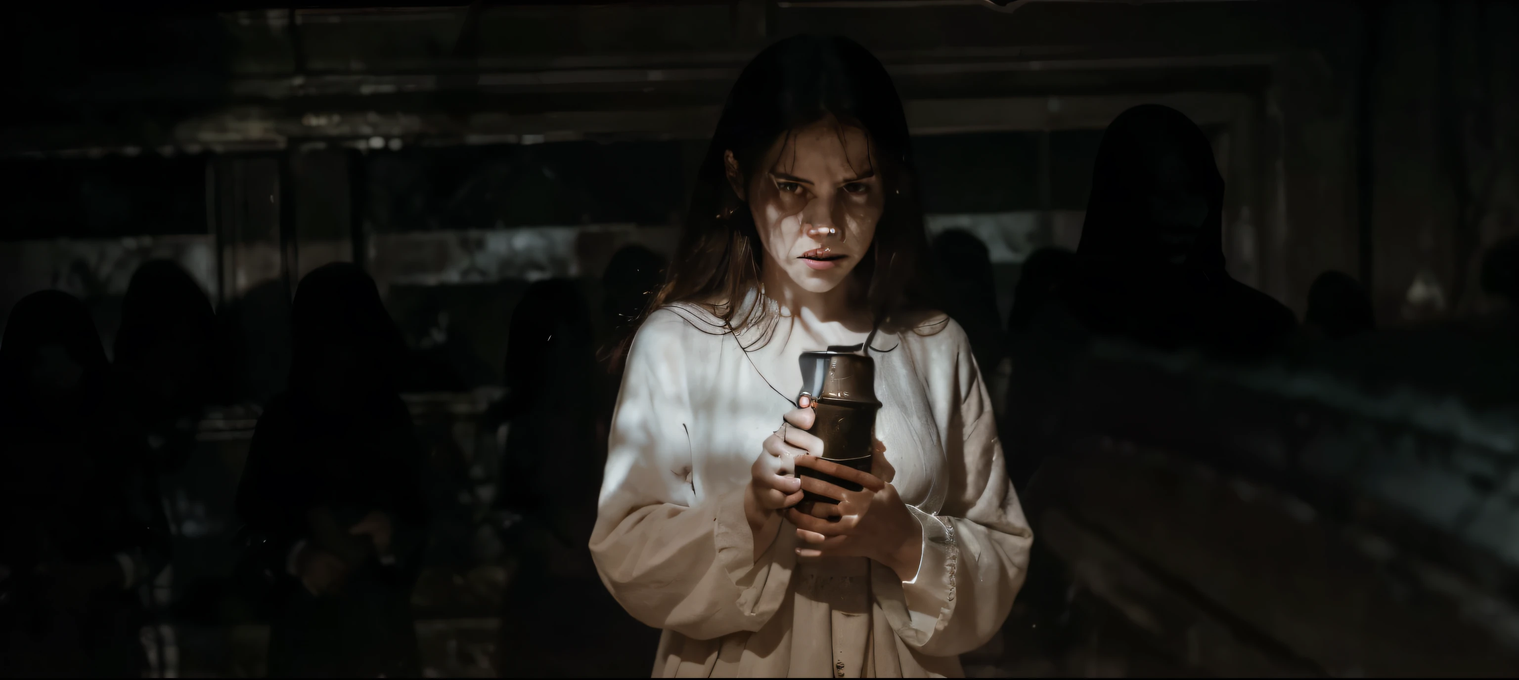 (Best quality, 8k, 32k, Masterpiece, UHD:1.2) "Transform the setting into a horror movie scene with a crowd of ghosts standing creepily in the background and shadows. The street is filled with eerie, pale figures, their hollow eyes and ghastly faces barely illuminated by flickering streetlights. The ghosts are motionless, staring intently, creating an atmosphere of sheer dread and terror. Their presence is haunting, as if they are silently watching and waiting, making the scene feel unsettling and chilling."ewer should feel a deep sense of unease and fear as they witness the girl being overpowered by the relentless, ghostly hands in this dark, terrifying setting."