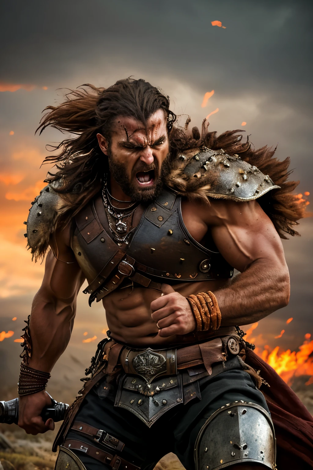 A red-skinned, 4-armed, extremely powerful Berserker-style warrior, aged around 30, solo in a desolate battlefield, is depicted in a dynamic action pose. His uncontrolled fury and strength are evident in his raging expression, with beads of sweat dripping from his detailed muscular body. His wild, untamed hair stands on end, adding to the chaotic atmosphere.

Detailed armor covers various parts of his body, showcasing intricate designs and interesting patterns, typical of gritty fantasy style. The armor shines under dramatic lighting, casting stark shadows and highlighting every crease and detail. The cinematic composition draws the viewer's