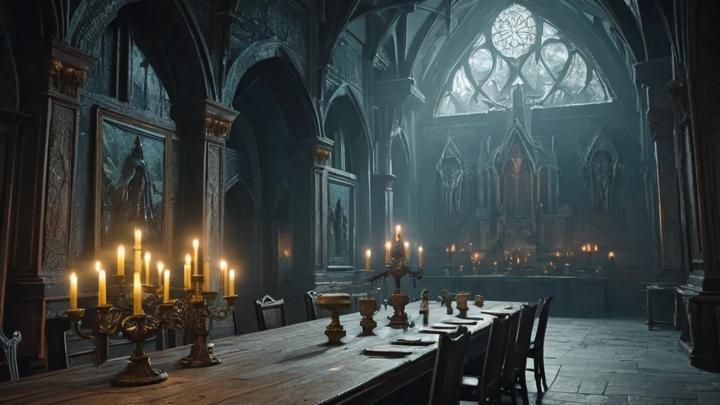 decaying castle, an enormous dining hall lay cloaked in shadow and silence. The room, with its high, vaulted ceilings and towering, grim-faced gargoyles, was dominated by a long, imposing table made of dark, weathered oak. The table stretched endlessly, its surface barren save for a single, flickering candelabrum at the far end, casting a wavering glow over the desolate scene.

Seated at the head of the table was a solitary , his small frame dwarfed by the grand, intricately carved chair that had once seated kings and noblemen. The child’s eyes, wide and glistening with a mixture of fear and curiosity, were fixed on the empty expanse before him. Shadows danced across his pale face, accentuating the gauntness of his cheeks and the dark circles beneath his eyes.

The vastness of the hall amplified every sound, from the distant echo of dripping water to the soft rustle of tattered banners that hung from the walls, their once vibrant colors now faded and threadbare. Cobwebs adorned the corners and crevices, whispering secrets of years gone by. The air was thick with the scent of damp stone and forgotten memories, a palpable weight that pressed down on the room's lone occupant.

The candlelight flickered, casting eerie, shifting shapes on the cold, stone walls. The child's small hands, resting on the table’s edge, were stained with soot, a silent testament to the hours spent exploring the castle's dark, forgotten corners. A single plate lay before him, empty and cold, a stark reminder of the banquet that once was, now replaced by a haunting emptiness.

In this forsaken hall, the  sat in a bubble of isolation, surrounded by the ghosts of a forgotten era. The flickering candelabrum cast a dim halo around him, a fragile barrier against the encroaching darkness. The room held its breath, the oppressive silence punctuated only by the occasional creak of ancient wood and the distant howl of the wind through broken windows. Here, in this medieval dark fantasy setting,