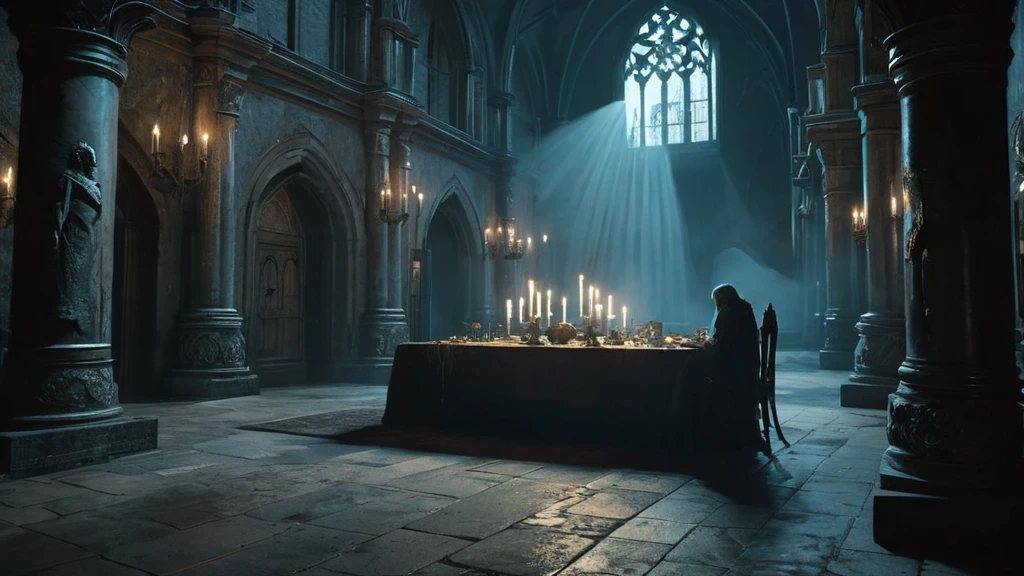 decaying castle, an enormous dining hall lay cloaked in shadow and silence. The room, with its high, vaulted ceilings and towering, grim-faced gargoyles, was dominated by a long, imposing table made of dark, weathered oak. The table stretched endlessly, its surface barren save for a single, flickering candelabrum at the far end, casting a wavering glow over the desolate scene.
Seated at the head of the table was a solitary , his small frame dwarfed by the grand, intricately carved chair that had once seated kings and noblemen. The child’s eyes, wide and glistening with a mixture of fear and curiosity, were fixed on the empty expanse before him. Shadows danced across his pale face, accentuating the gauntness of his cheeks and the dark circles beneath his eyes.
The vastness of the hall amplified every sound, from the distant echo of dripping water to the soft rustle of tattered banners that hung from the walls, their once vibrant colors now faded and threadbare. Cobwebs adorned the corners and crevices, whispering secrets of years gone by. The air was thick with the scent of damp stone and forgotten memories, a palpable weight that pressed down on the room's lone occupant.
The candlelight flickered, casting eerie, shifting shapes on the cold, stone walls. The child's small hands, resting on the table’s edge, were stained with soot, a silent testament to the hours spent exploring the castle's dark, forgotten corners. A single plate lay before him, empty and cold, a stark reminder of the banquet that once was, now replaced by a haunting emptiness.
In this forsaken hall, the sat in a bubble of isolation, surrounded by the ghosts of a forgotten era. The flickering candelabrum cast a dim halo around him, a fragile barrier against the encroaching darkness. The room held its breath, the oppressive silence punctuated only by the occasional creak of ancient wood and the distant howl of the wind through broken windows. Here, in this medieval dark fantasy setting,
