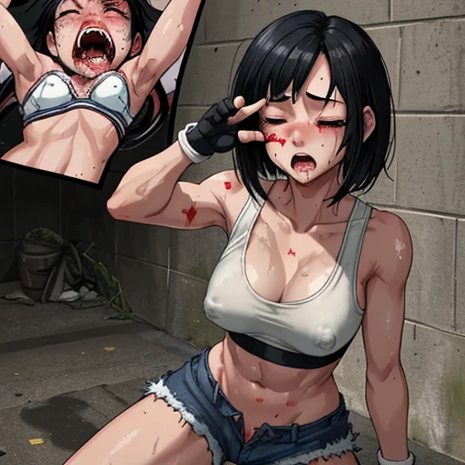 a bloody beautiful young Japanese female streetfighter is beated down in the backstreet. Blood is dripping from her nose. She is covered in scars and bruises. She's on all fours. she is damaged terribry. she was defeated. she lost the fight. she was knocked out. Short-cut black hair, out of breath, drooling from mouth, crying, exhausted, drenched in sweat. one eye closed, Erect nipples. open finger glove. denim shorts, sports-bra