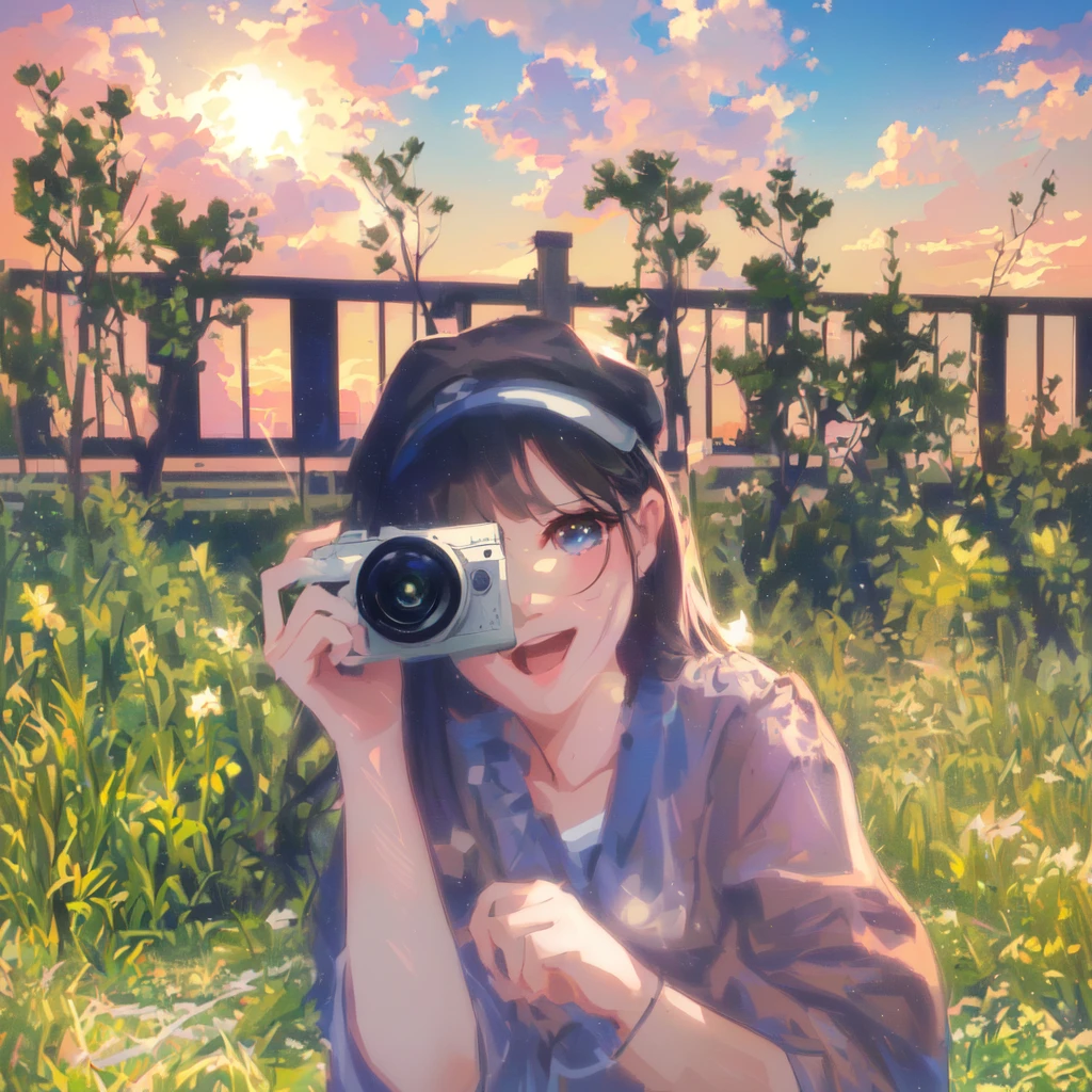there is a woman taking a picture with a camera in the grass, anime style mixed with fujifilm, photography], 8k selfie photograph, 35mm —w 1920 —h 1080, photography ), taking a picture, camera looking up at her, lofi girl, cute photograph, a picture, lofi girl aesthetic