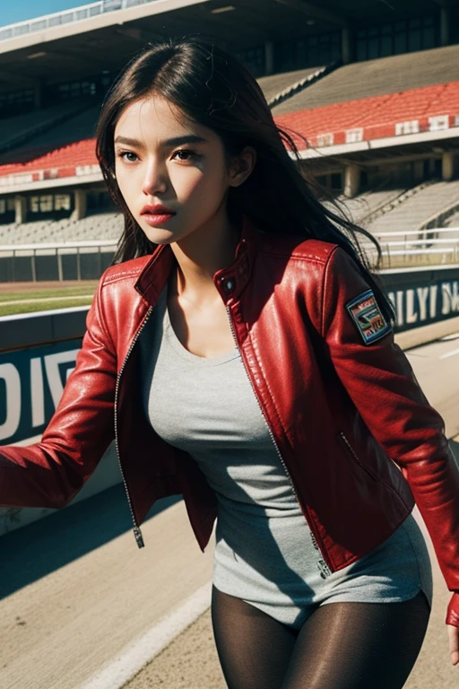 First job, Surreal, 32K, Extremely detailed CG unity wallpaper 8k, Better quality, 1 Black girl, Tights Blancas, leather jacket, Visible skin pores, two, (Film Grain: 1.2), (Film Covering: 1.3), yes, race track background