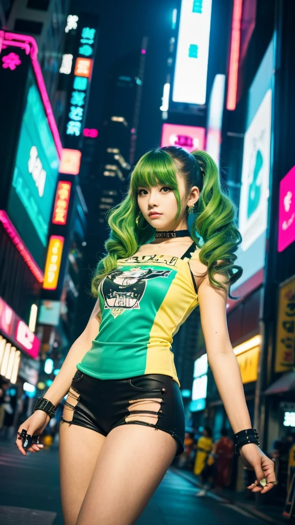 neon city, long hair, cyber punk, school girl, green hair, blunt bangs, colossal tits, white tank top