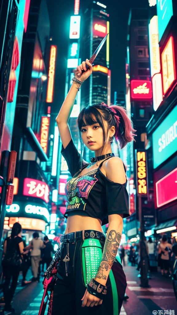 masterpiece, Highest quality, Wear unique Harajuku style clothing,The mint green colour stands out,Bold colors and patterns, Eye-catching accessories, Trendy and innovative hairstyles, Bright makeup, Dazzling cyberpunk cityscapes, Skyscraper, Neon Signs, LED Light, Bright and vivid color scheme, anime, shape, Fine skin, High quality fabric, Intricate details, Very detailed,Low - Angle, whole body, vision(avert your eyes:1.4),Dynamic pose、Hand holding a sword、With a sword in hand.