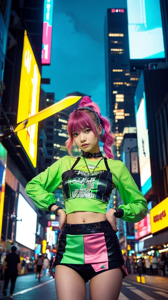 masterpiece, Highest quality, Wear unique Harajuku style clothing,The mint green colour stands out,Bold colors and patterns, Eye-catching accessories, Trendy and innovative hairstyles, Bright makeup, Dazzling cyberpunk cityscapes, Skyscraper, Neon Signs, LED Light, Bright and vivid color scheme, anime, shape, Fine skin, High quality fabric, Intricate details, Very detailed,Low - Angle, whole body, vision(avert your eyes:1.4),Dynamic pose、Hand holding a sword、With a sword in hand.