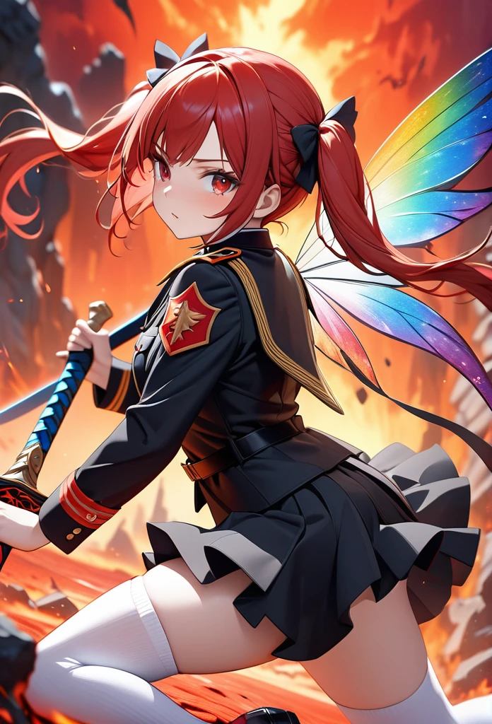 A  girl with long, beautiful red hair in short twin tails(1.2), red eyes, wearing a black military uniform and black short skirt, white socks and black shoes, holding a red sword in one hand, with beautiful rainbow fairy wings growing from her back, has a cold look on her face as she fights many monsters on the ground in the backdrop of a hellish red sky, the girl is posing dynamically swinging her sword, (Masterpiece, Best Quality, 4k, 8k1.5), Best Quality, Ultra detail, Fantastic, abstract, Physically based rendering, ultra-fine painting, vivid colors