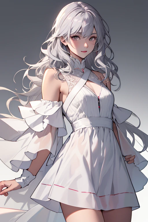 Create a background that is a magazine with a very beautiful girl silver hair with a slight touch of pink knee-length hair straight and wavy at the ends white skin gray eyes long white dress with light touches of pink