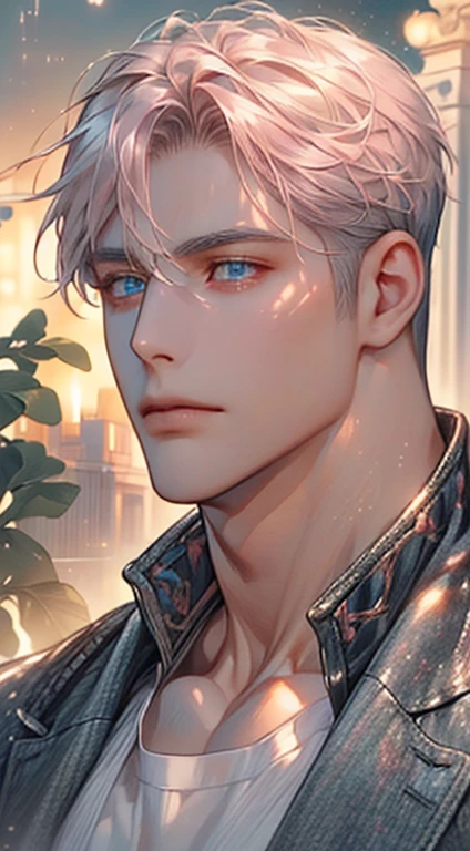 (best quality,4k,8k,highres,masterpiece:1.2),ultra-detailed,(realistic,photorealistic,photo-realistic:1.37),cinematic lighting,1:4 hdr image,a mature man, 32 years old,very handsome,cold expression,short grey pink hair,blue eyes,flawless face,buttoning his jacket,CEO