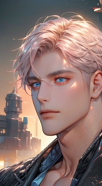 (best quality,4k,8k,highres,masterpiece:1.2),ultra-detailed,(realistic,photorealistic,photo-realistic:1.37),cinematic lighting,1:4 hdr image,a mature man, 32 years old,very handsome,cold expression,short grey pink hair,blue eyes,flawless face,buttoning his jacket,CEO