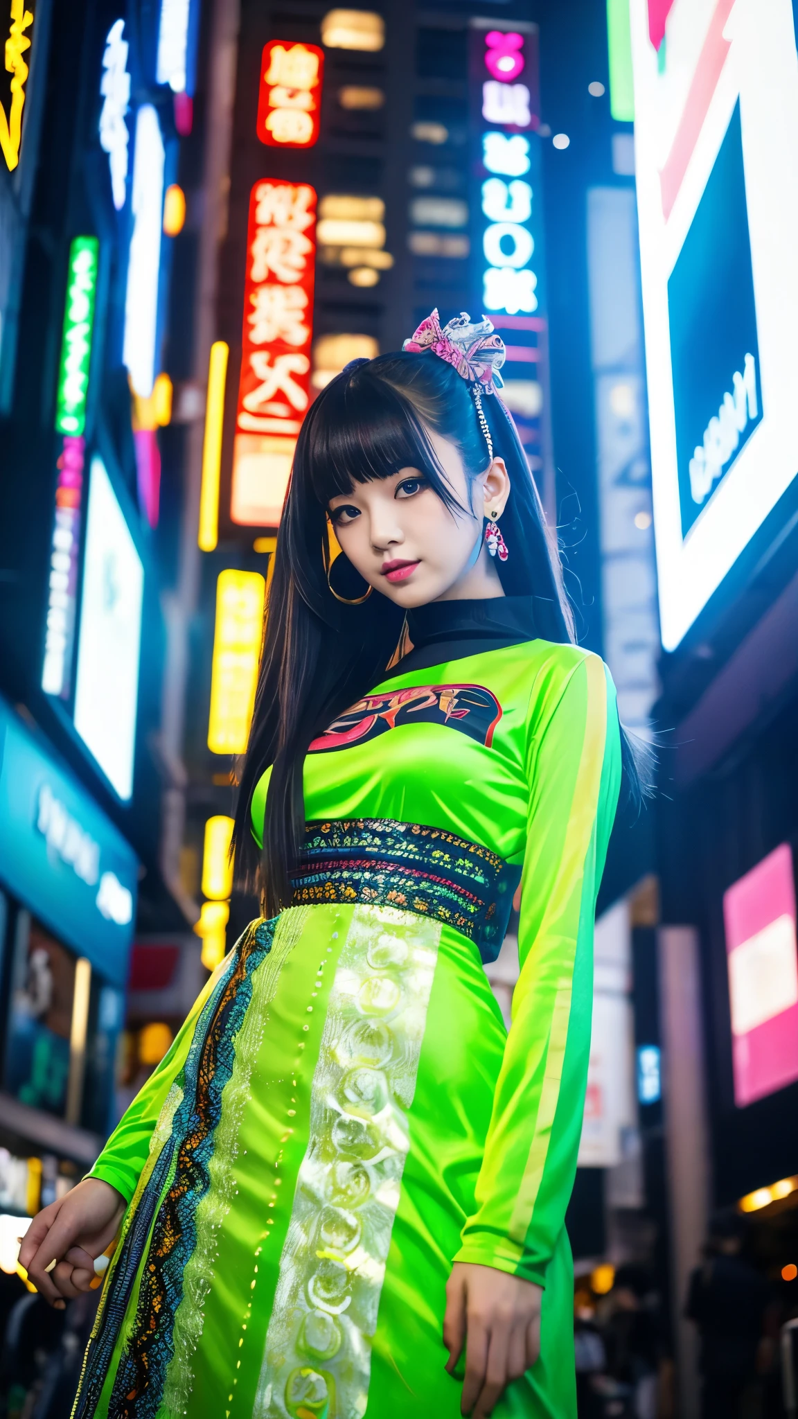masterpiece, Highest quality, Wear unique Harajuku style clothing,The mint green colour stands out,Bold colors and patterns, Eye-catching accessories, Trendy and innovative hairstyles, Bright makeup, Dazzling cyberpunk cityscapes, Skyscraper, Neon Signs, LED Light, Bright and vivid color scheme, anime, shape, Fine skin, High quality fabric, Intricate details, Very detailed,Low - Angle, whole body, vision(avert your eyes:1.4),Dynamic pose、Hand holding a sword、With a sword in hand.
