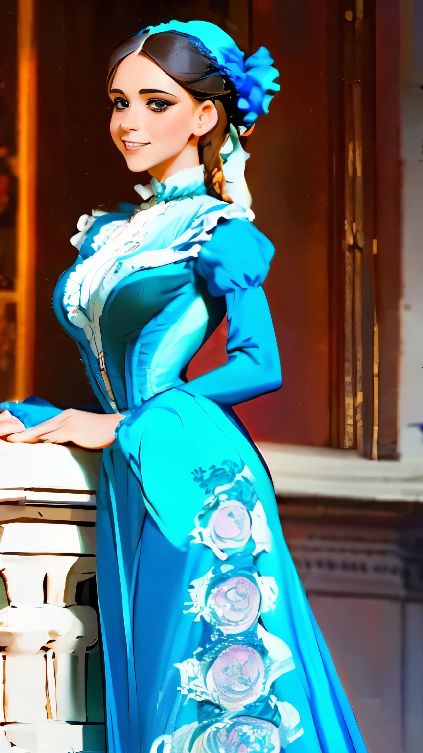 a painting of a woman in a blue dress standing on a ledge, victorian blue dress, intricate victorian dress, in victorian aristocrat, a beautiful victorian woman, fantasy victorian art, dressed beautiful gown, beautiful detailed elegant, victorian dress, beautiful detail and color, elegant. highly detailed, beautiful flowing fabric, beautiful maiden, intricate and elegant, victorian lady, beautiful gown