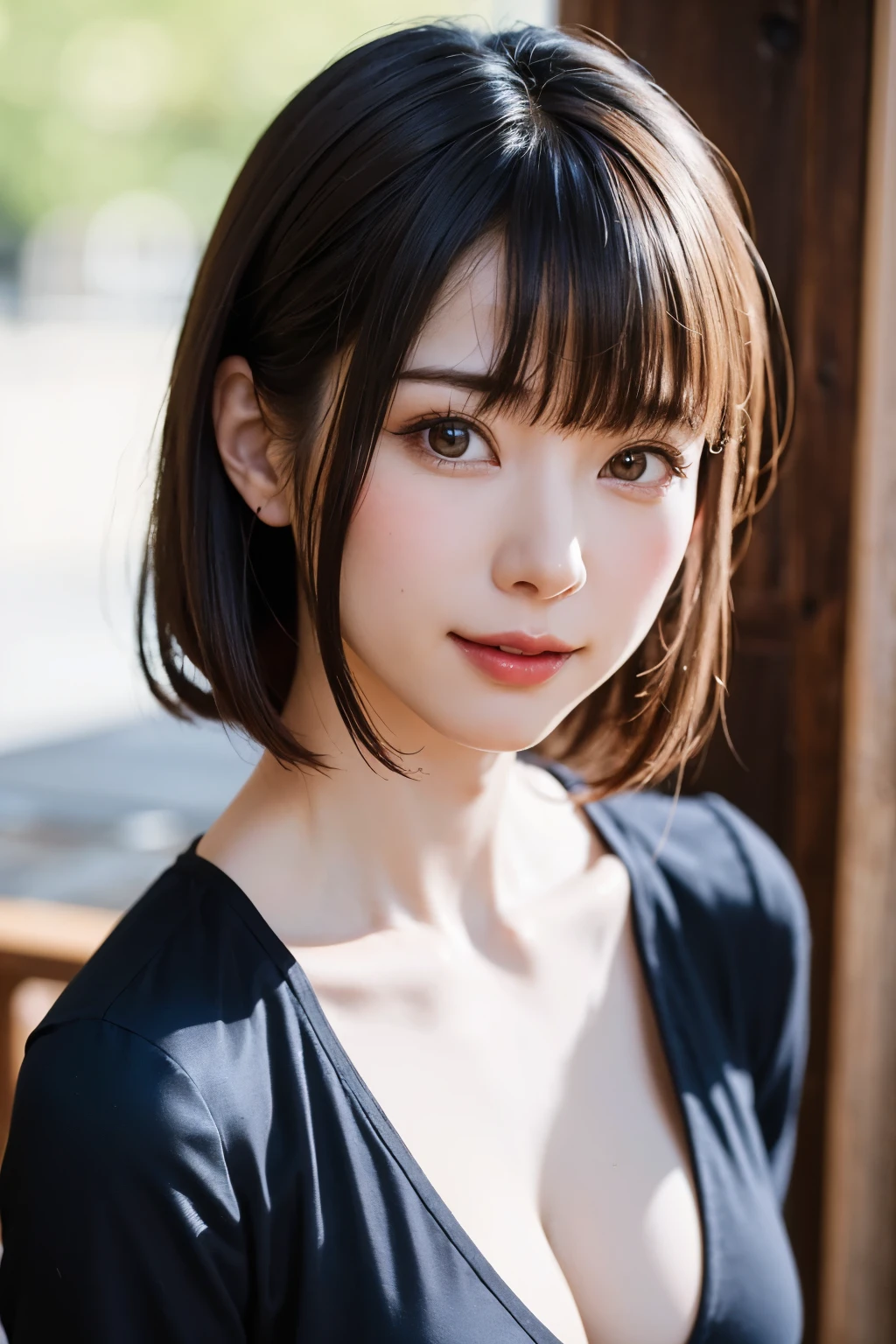 (masterpiece, Highest quality),One Girl, alone, hyper Realistic, Realistic,Realistic, Looking at the audience, Light brown eyes:1.4,Brunette Short Bob Hair with highly detailed shiny hair, Brightly colored winter clothes, Lepangas:1.4), Plein Air, Mouth closed, Upper Body、big chest eye、eyelash、{Hugeな|big chest|Hugeなな|Mega} chest:2, chestの谷間:2、{Huge|big|Hugeな|Mega} chest:2, chestの谷間:2、(((big chest eye、Short Bob Hair、Glossy Skin、Shiny hair、Student Highlights、Gazing at the audience、She is very beautiful and cute、Listen carefully、Long neck、smile、Close your mouth and smile、bangsと美しい歯、bangs、Perfect Anatomy)))、Ideal body type、(Snowy tree-lined road in winter in Norway, Out of focus background)、美しいLong neck:1.4、Very attractive, beautiful and cute woman