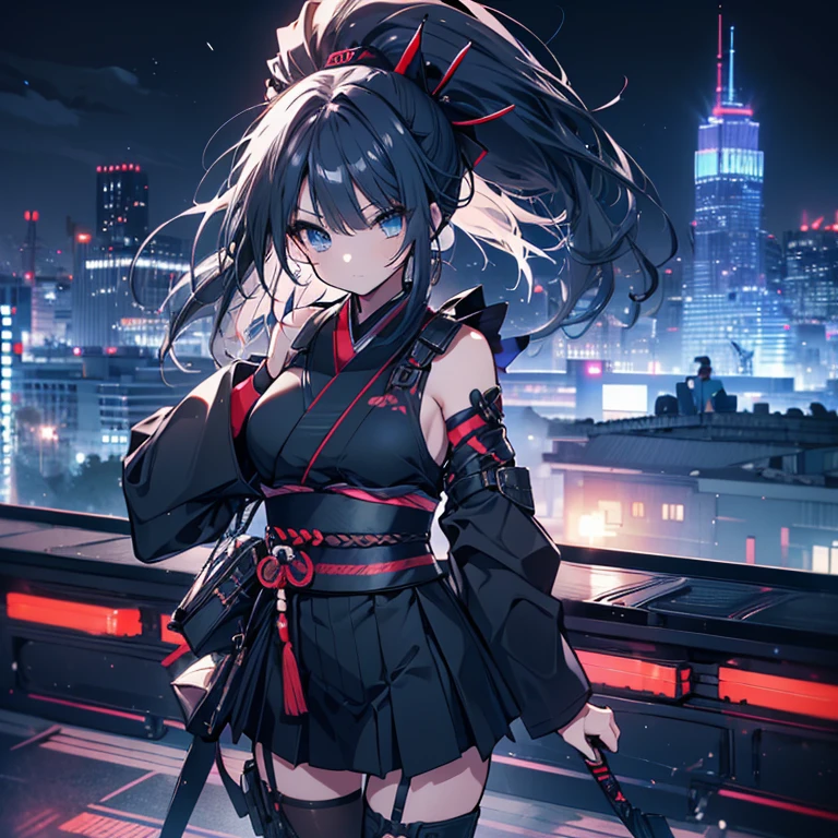 1 girl、Mature、Ample breasts、Long Hair、Blue Eyes、ponytail、ハイponytail、Ninja、Armament、kimono、Shoulder Bare、Miniskirt、Arm Covers、Pointed handbag、I don't want、Ninja、Black Mask、Battle Scenes、cool、Downtown、Night view、Rooftop、High resolution、Highest quality