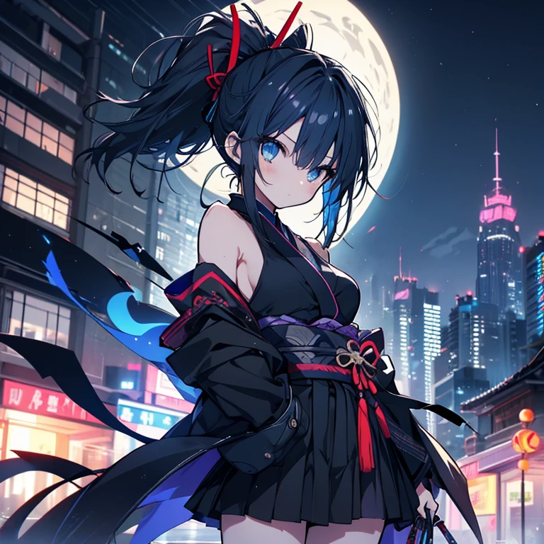 1 girl、Mature、Ample breasts、Long Hair、Blue Eyes、ponytail、ハイponytail、Ninja、Armament、kimono、Shoulder Bare、Miniskirt、Arm Covers、Pointed handbag、I don't want、Ninja、Black Mask、Battle Scenes、cool、Downtown、Night view、Rooftop、High resolution、Highest quality