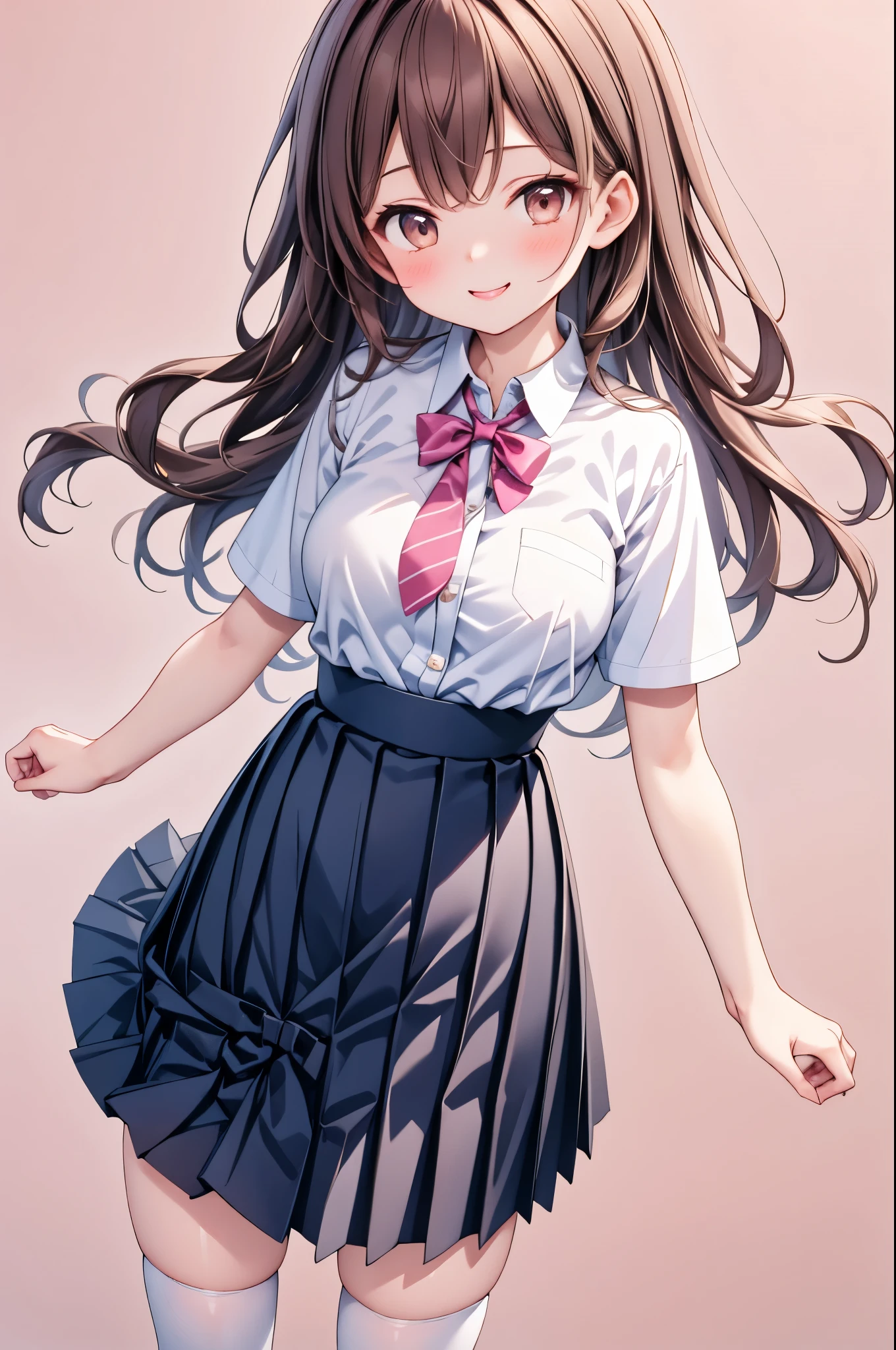 high resolution,smile,woman,woman1人,adult,cute, Brown Hair,BREAK, Brown eyes,BREAK,
high school girl,uniform,White shirt,Navy blue pleated skirt,Black knee-high socks,BREAK,
Facing forward,BREAK,Pink background,