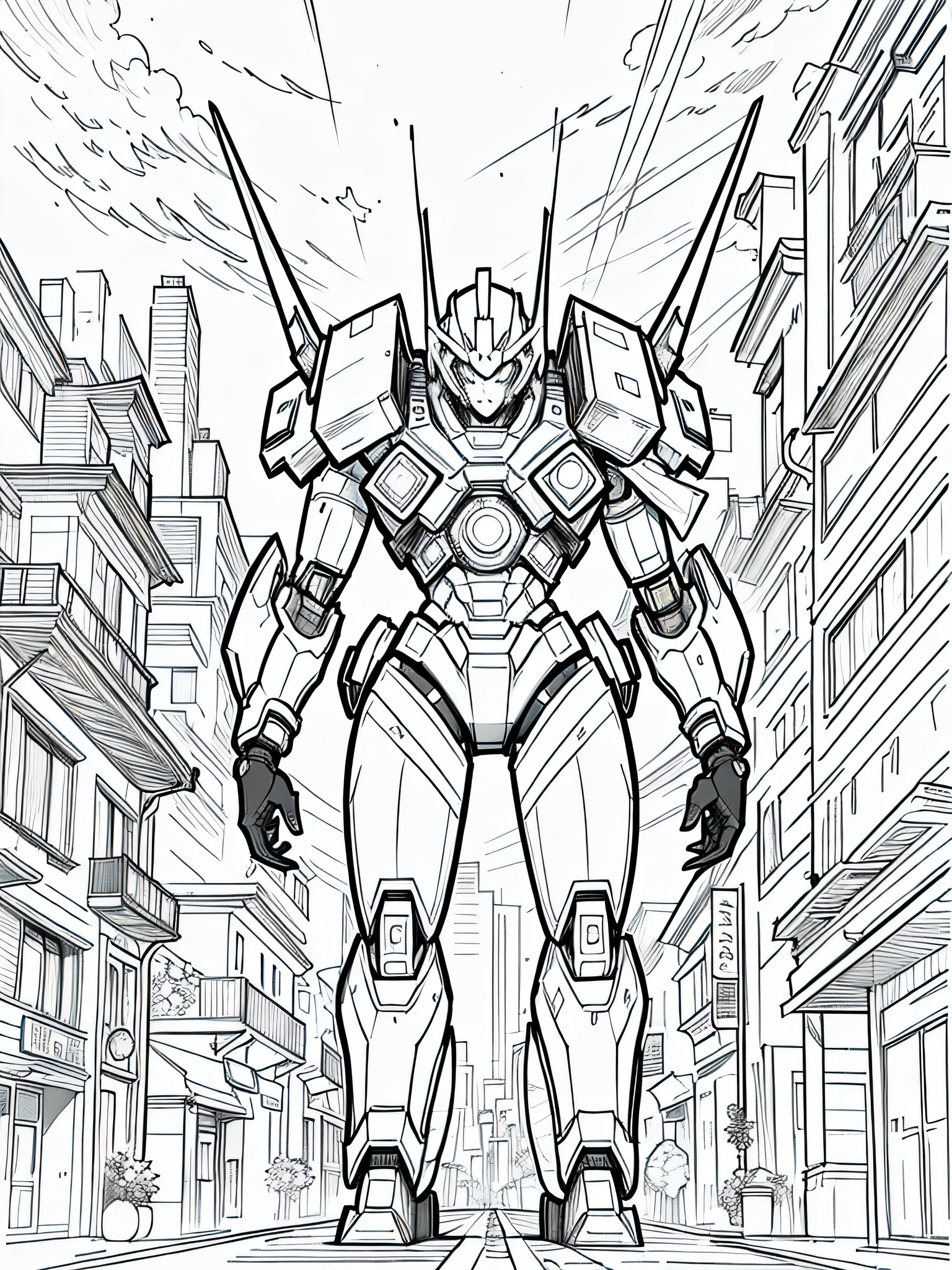 masterpiece, Best Quality, A mecha in a city, closeup Line art, monochrome, clean lines, black and white, his summer, coloring book page, primer plano