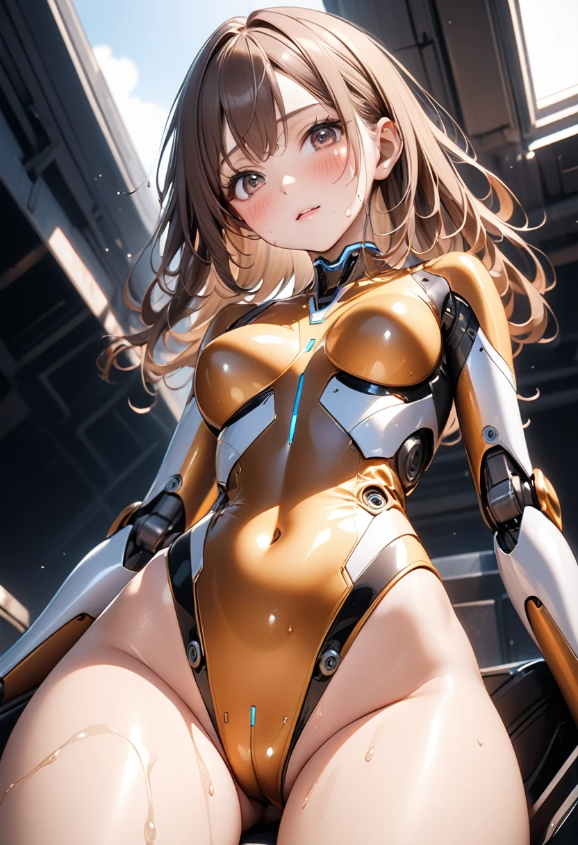 ((Mechanical Creature)), (((Android woman, mechanical body))), ((Shiny Costumes)), skindentation, skinny, solo, 1 woman, Masterpiece, highest quality, highest quality, 16K, incredibly absurd, highly detailed, 2.5D, ai-generated, delicate and dynamic, very delicate facial expressions, delicate eye depiction, erotic, only sexy woman, ((A cute and kind face)), healthy figure, ((25-year-old woman)), 160cm tall, medium firm swaying bust, , blush, Sweat,Embarrassed,sexy, ((thin thighs)), (camel toe:0.7), (visible nipples:0.3), (Erect nipples,:0.7), shiny and lustrous, facing straight at viewer, (((in heat))), ((Oily_skin)), ((Lots of sweat)), (((Brown Skin))), ((dutch angle)), ((erotic pose)), (((Collapsed from heat stroke))), ((reclining)),, (((from below))), ((sit)),