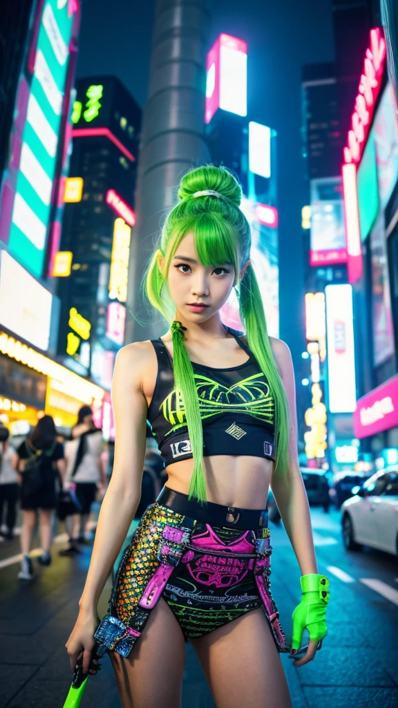 masterpiece, Highest quality, Wear unique Harajuku style clothing,The mint green colour stands out,Bold colors and patterns, Eye-catching accessories, Trendy and innovative hairstyles, Bright makeup, Dazzling cyberpunk cityscapes, Skyscraper, Neon Signs, LED Light, Bright and vivid color scheme, anime, shape, Fine skin, High quality fabric, Intricate details, Very detailed,Low - Angle, whole body, vision(avert your eyes:1.4),Dynamic pose、Hand holding a sword、With a sword in hand.