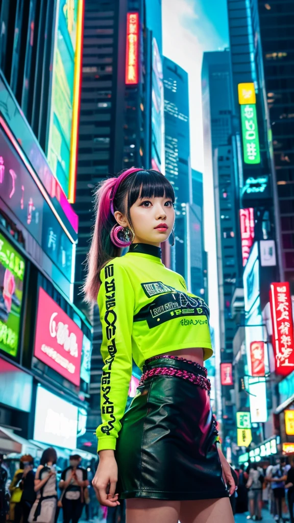 masterpiece, Highest quality, Wear unique Harajuku style clothing,The mint green colour stands out,Bold colors and patterns, Eye-catching accessories, Trendy and innovative hairstyles, Bright makeup, Dazzling cyberpunk cityscapes, Skyscraper, Neon Signs, LED Light, Bright and vivid color scheme, anime, shape, Fine skin, High quality fabric, Intricate details, Very detailed,Low - Angle, whole body, vision(avert your eyes:1.4),Dynamic pose、Hand holding a sword、With a sword in hand.