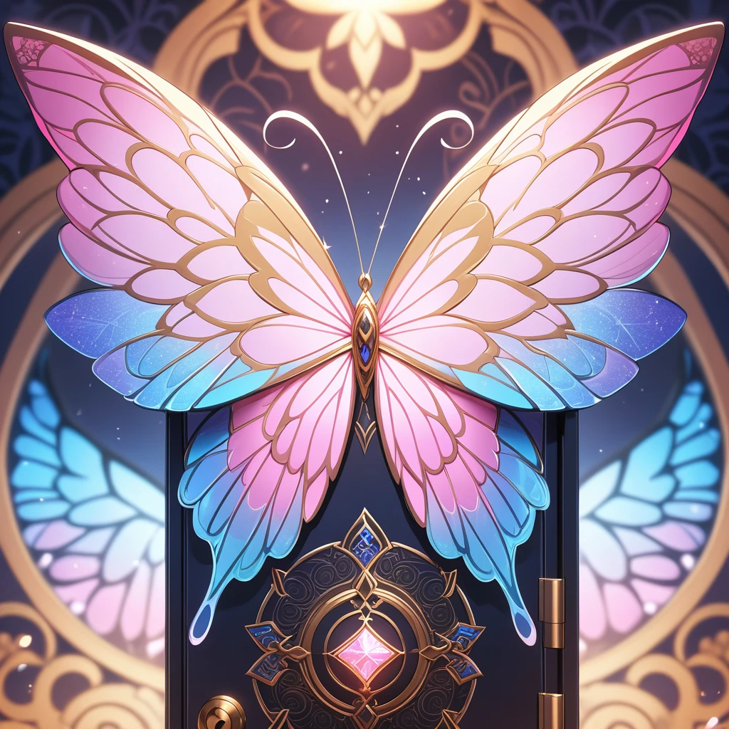 Close-up, fantasy glowing butterfly, blue-pink wide wings with intricate patterns, sparkling, blurry warm fantasy background, masterpiece, best quality, very aesthetic, absurdes, safe, SFW

