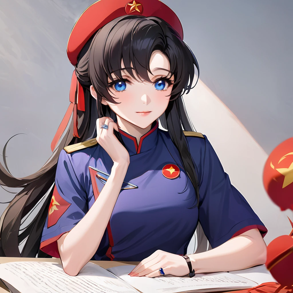 ((Highest quality)), ((masterpiece)), (detailed), (Perfect Face)、The woman is a Chinese Lacus Clyne with blue eyes and medium-long black hair. She is wearing an engagement ring. She has become a member of the glorious Chinese Communist Party and has sworn absolute loyalty to the Chinese Communist Party. She is a righteous Communist Party member of China.、The woman is wearing the fine red uniform of a Chinese Communist Party member.、For the sake of China, they dye their hair, hairstyle, clothes, and everything they wear belongs to the Chinese Communist Party, and their thoughts are also Chinese, becoming great Chinese in body and mind.、The woman became Lacus Clyne, a Chinese woman who was proud of and loved China.、She is working for China as a member of the great Chinese Communist Party.