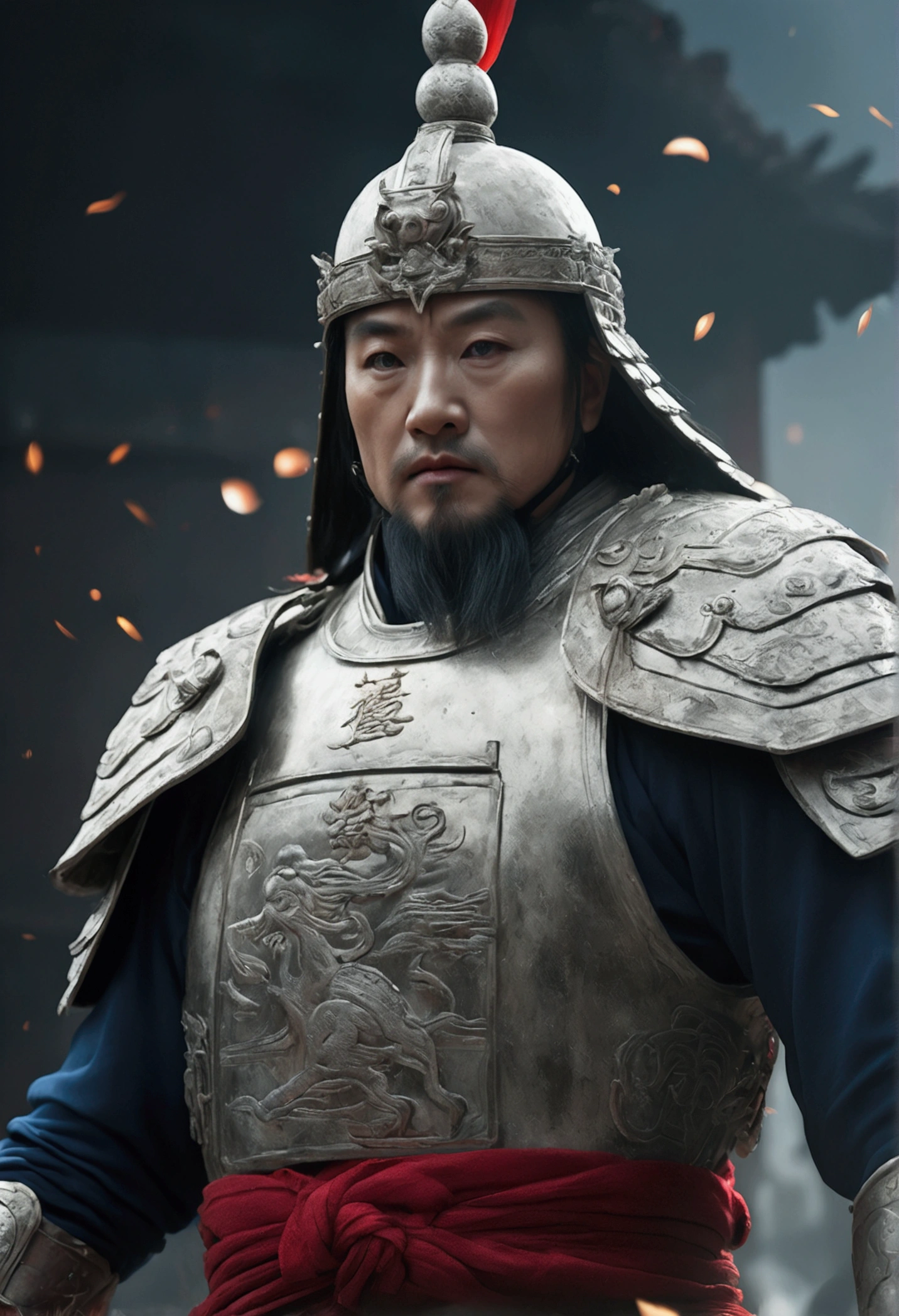 Bust of an ancient Chinese general on the battlefield，The armor is broken, Starry sky and fog cover the landscape.Rich historical background. (Highest quality,4K,8k,High resolution,masterpiece:1.2), Very detailed, (Realistic,Realistic,Photorealistic:1.37), High resolution, Hyper HD, Studio Lighting, Ultra-fine painting, Sharp focus, Physically Based Rendering, Very detailed説明, Professional, Vibrant colors, Bokeh, Sports Late, Ancient War Landscapes, Traditional Chinese Painting Techniques, Atmospheric lighting, Dynamic Pose, Complex combat scenarios, Vivid color contrast, Visually stunning composition, Ethereal atmosphere, heroism. Black and White