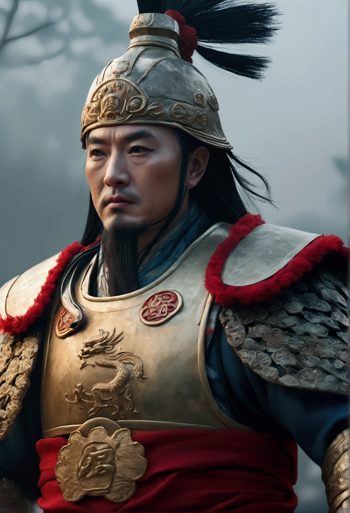Bust of an ancient Chinese general on the battlefield,The armor is broken, Starry sky and fog cover the landscape.Rich historical background. (Highest quality,4K,8k,High resolution,masterpiece:1.2), Very detailed, (Realistic,Realistic,Photorealistic:1.37), High resolution, Hyper HD, Studio Lighting, Ultra-fine painting, Sharp focus, Physically Based Rendering, Very detailed説明, Professional, Vibrant colors, Bokeh, Sports Late, Ancient War Landscapes, Traditional Chinese Painting Techniques, Atmospheric lighting, Dynamic Pose, Complex combat scenarios, Vivid color contrast, Visually stunning composition, Ethereal atmosphere, heroism. Black and White