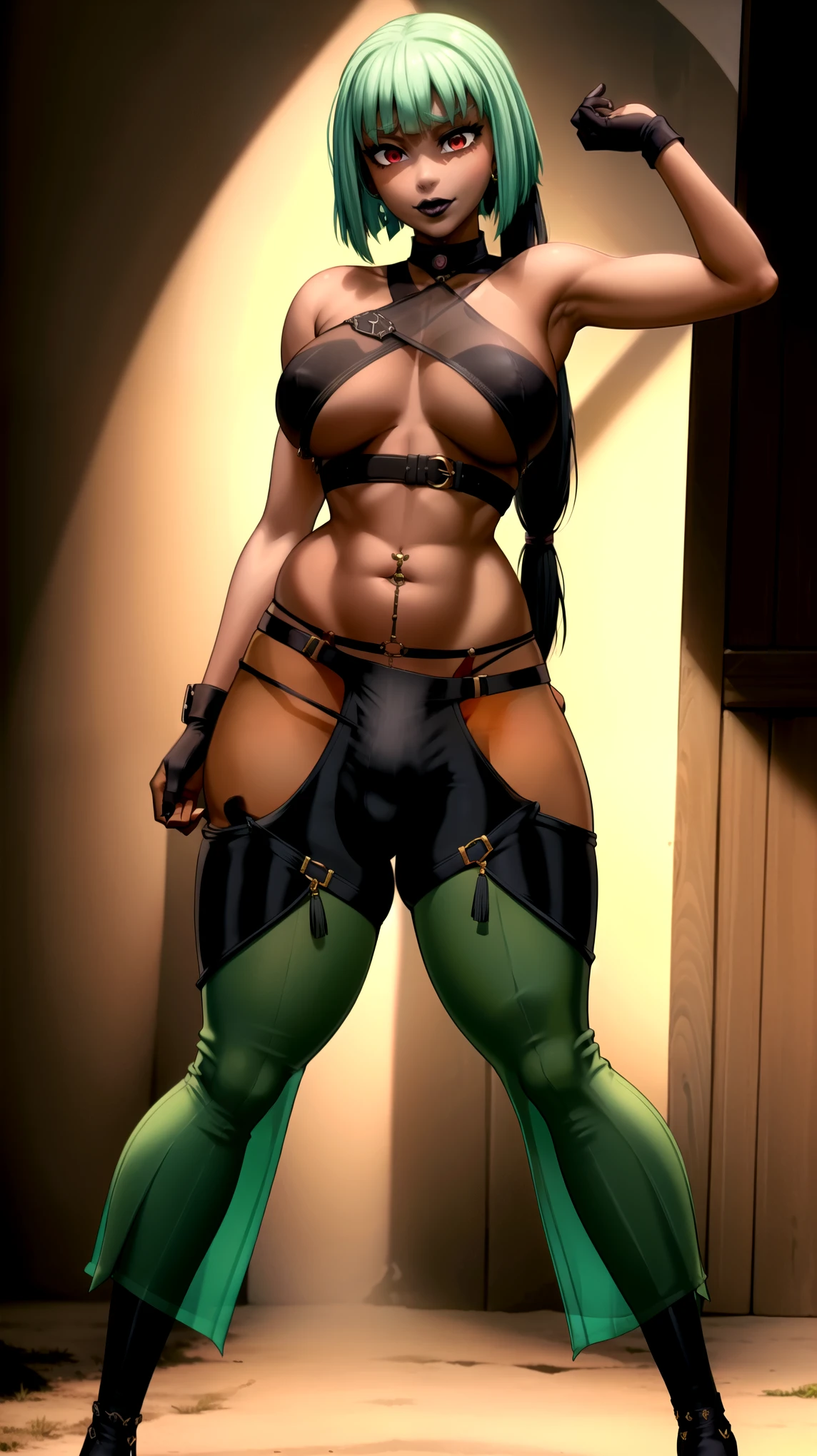 (solo:1.1),(masterpiece), (best quality:1.3), highly detailed, intricate, professional art, digital art, absurdres, confidant, emerald sustrai, futanari emerald sustrai wearing a crop top with arm gloves and pants confidently,(Black see through top:1.4), (pants:1.6), 1girl, solo, (dark skin:1.5), green hair, bob hair, gold hoop earrings, gold jewellery, ab lines,(gold navel piercing:1.1), detailed stomach, red eye colour, dark skin, average breasts, (aroused:1.2), (futanari:1.1), (wide hips:1.4), (makeup 1:1), beestung lips, (black lipstick:1.3), large penis, panty straps riding hips, (large long thick veiny crotch bulge:1.4), crotch bulge, large testicles , furniture, frontal view, universal lighting
