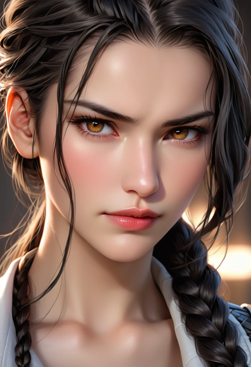 (( FemTerminatorCos )) A beautiful young woman with narrowed eyes, a smirk on her face, and long black braided hair, 1girl, detailed facial features, beautiful detailed eyes, beautiful detailed lips, extremely detailed face, long eyelashes, dark braided hair, serious expression, photo-realistic, cinematic lighting, highly detailed, 8k, masterpiece, hyper-realistic, photorealistic, intricate details, dramatic lighting, warm color tones
