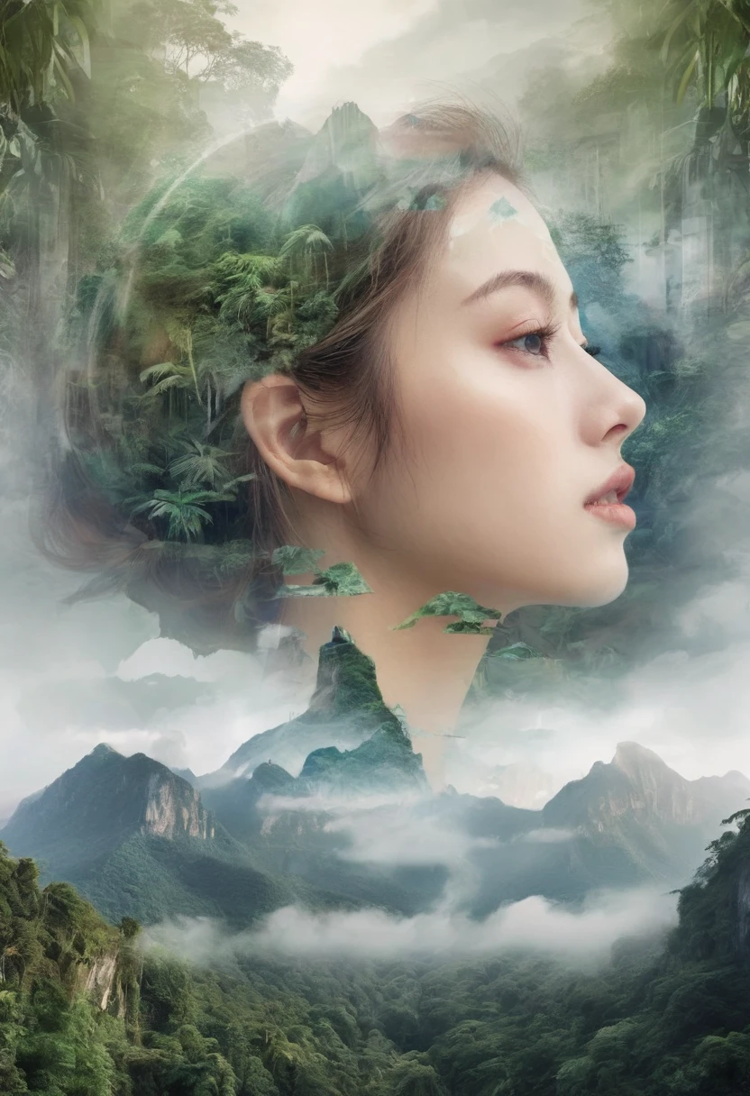 Dubrec style, Girl transparent face, side view, close-up, beautiful close-up of transparent and faded face, Dense Jungle Mountains with waterfall image foreground (multiple exposure:1.8),Complex illustrations in surrealist art style, Surreal dreams. woman with beautiful eyes, should be side view, detailed lips, and long eyelashes, surrounded by lush jungle mountains in the foreground, multiple exposure effect, complex surrealist style illustration, surreal dreamlike atmosphere, cinematic lighting, highly detailed, hyper realistic, 8k, masterpiece, Dubrec style,Girl transparent face close-up,Beautiful close-up of face,Jungle Mountains image foreground (multiple exposure:1.8),Complex illustrations in surrealist art style,Surreal dreams