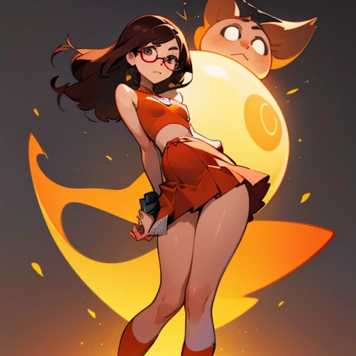 draw a girl with a round face with soft and defined cheeks, light-toned skin with a slight blush on the cheeks, large and expressive eyes, dark brown. He wears thick black framed glasses. Bushy and well-defined eyebrows, dark brown in color. Nose Small and slightly upturned. Lips Medium thickness, usually in a neutral or slightly smiling expression. Dark brown hair, short and straight, with straight bangs that reach just above the eyebrows. The hair falls just above the shoulders. Body Constitution Slightly curvy, with a robust but well-proportioned body. Chest Of moderate size. WaistRelatively defined, without being extremely narrow. hips wider than waist, giving an hourglass shape Legs Of medium length, with well-proportioned thighs and calves. Small and delicate hands dressed in a orange bra and a Short red skirt. Long orange socks that reach mid-thigh. and Brown Mary Jane type shoes. .