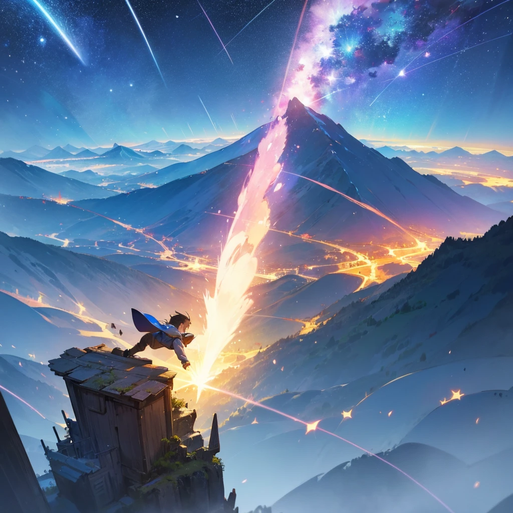 Village, montain, fantasy, boy, shooting star, landscape, 