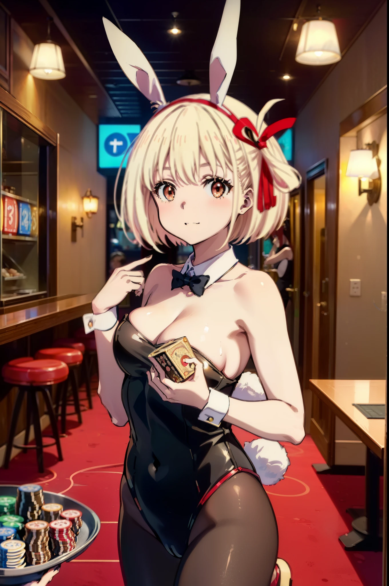 chisato nishikigi, short hair, bangs, Blonde, (Red eyes:1.5), hair ribbon, One side up, Bobcut,happy smile, smile, Open your mouth,(Bunny girl:1.5),(レッドPlayboy Bunny:1.0),Black pantyhose,Stiletto heels,
Playboy Bunny, Bunny ears, smile, Cowboy Shot, casino, Poker Chips, Indoor tray,Walking,whole bodyがイラストに入るように,
break indoors, casino,
break looking at viewer, whole body,
break (masterpiece:1.2), Highest quality, High resolution, unity 8k wallpaper, (figure:0.8), (Beautiful attention to detail:1.6), Highly detailed face, Perfect lighting, Highly detailed CG, (Perfect hands, Perfect Anatomy),