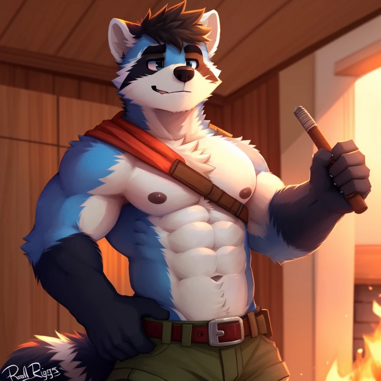 (masterpiece, Best Quality:1.2), raccoon, detailed face, detailed body, 5 fingers, Detailed hands, strong abs, pair of nipples, defined pectorals, detailed eyes, short hair, 2 arms, scout, por pache riggs